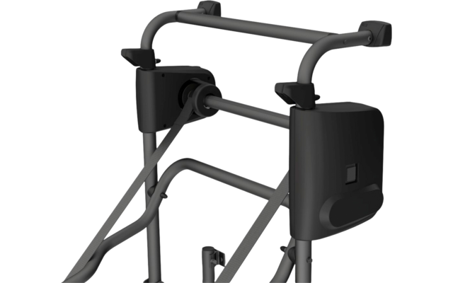 Teilansicht eines grauen Metallrahmens mit zwei oberen Griffbügeln, zwei schwarzen Seitenverkleidungen und einem horizontalen Gurt