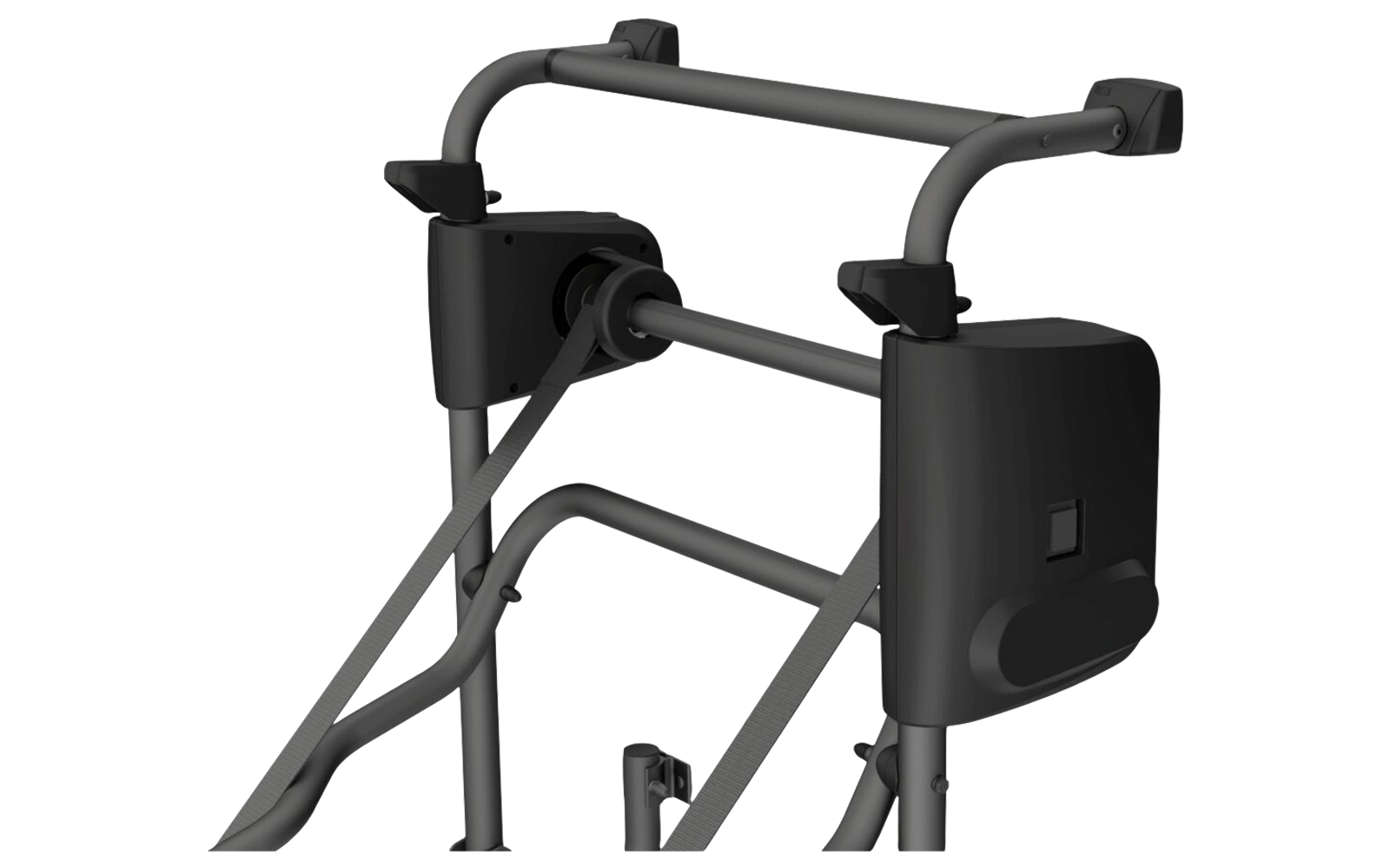 Teilansicht eines grauen Metallrahmens mit zwei oberen Griffbügeln, zwei schwarzen Seitenverkleidungen und einem horizontalen Gurt