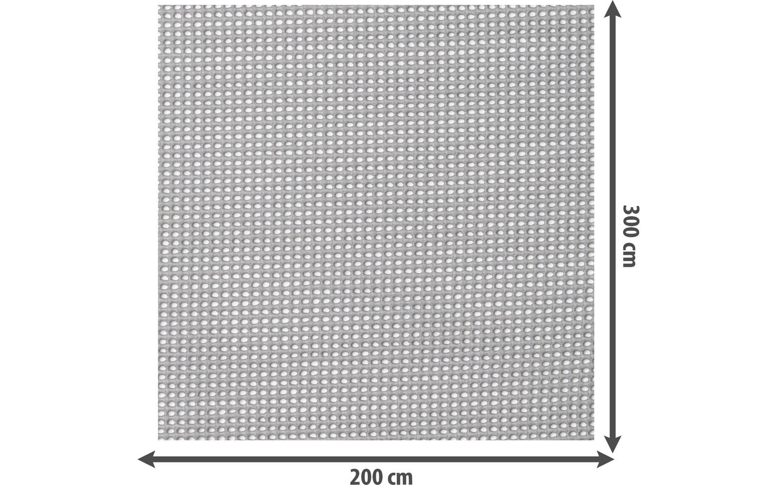 Quadratisches Netz mit kleinen Öffnungen, 200 cm breit und 200 cm hoch, Pfeil mit Maßangabe 300 cm rechts