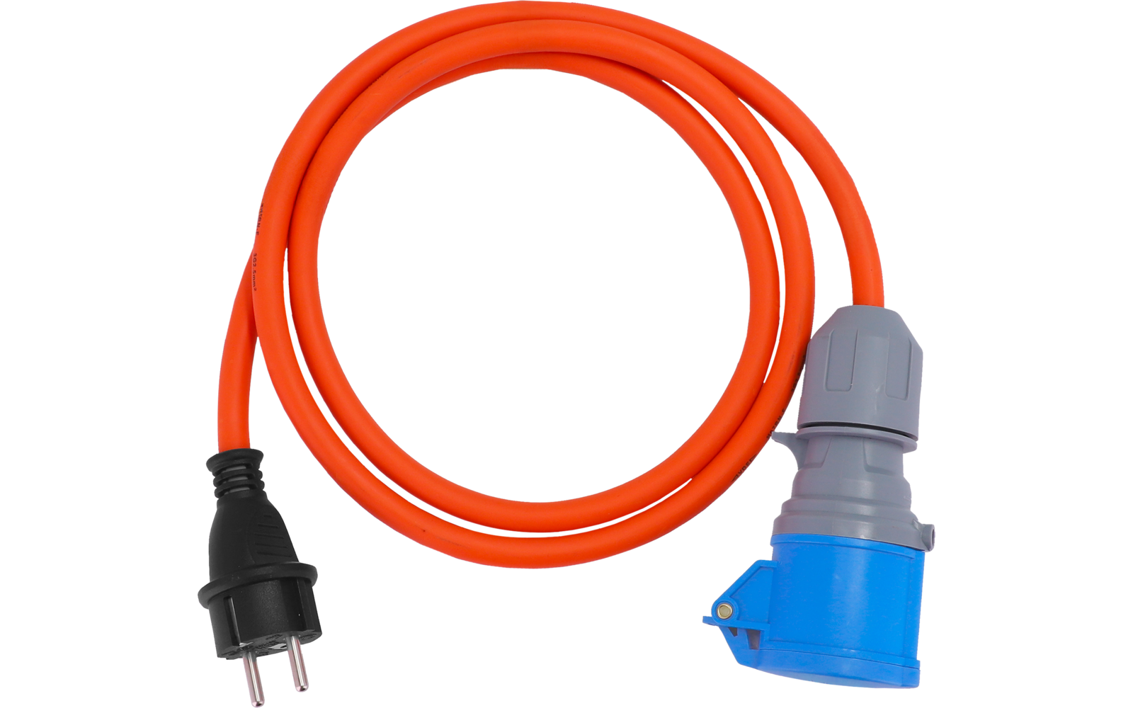 Aufgerolltes oranges Verlängerungskabel; links schwarzer Stecker mit zwei runden Stiften, rechts blauer Rundstecker mit grauem Kupplungsrand
