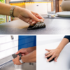Hand hält ein schwarzes Tuch mit Text und wischt eine Oberfläche, Hand trocknet das Tuch unter fließendem Wasser, Hand wischt eine weiße Fläche