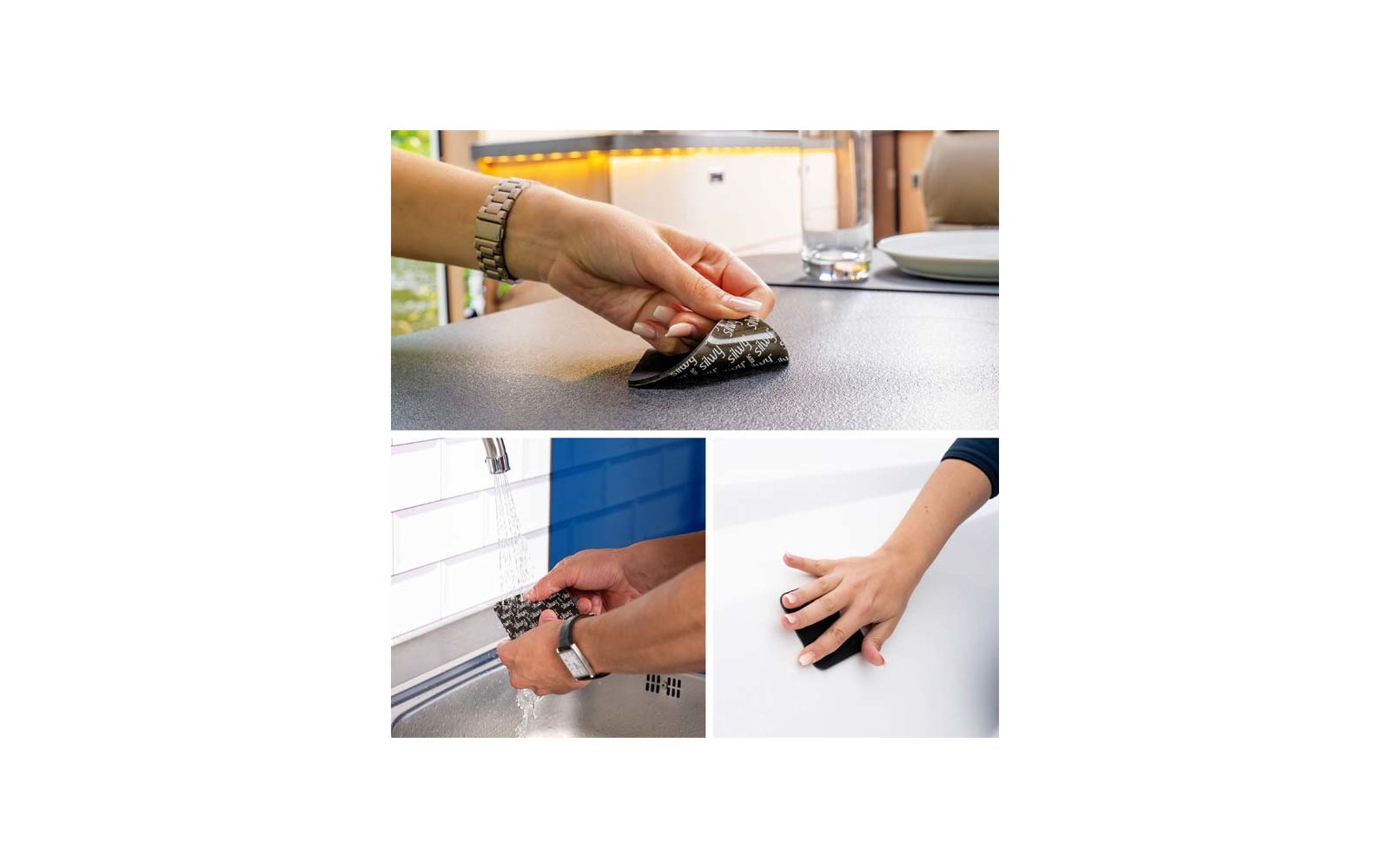 Hand mit Armbanduhr hält schwarzen, gemusterten Klebeaufkleber auf Küchenarbeitsplatte; Glas und Teller sichtbar. Unten links: Hand wäscht den Aufkleber unter fließendem Wasser am Spülbecken mit blauen Fliesen. Unten rechts: Hand reibt den Aufkleber