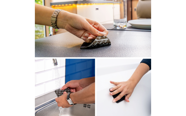 Three panels: hand lifts a black patterned sponge from a gray countertop; two hands hold the sponge under running water over a stainless sink; hand presses the sponge against the white surface of a bathtub or sink
