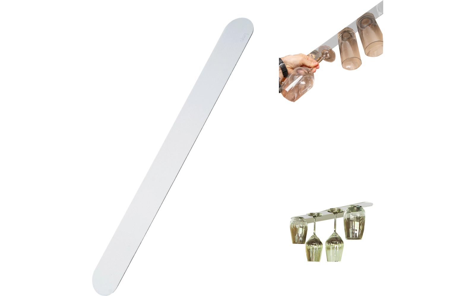 A glass nail file with two small images showing how drinking glasses are hung on a holder
