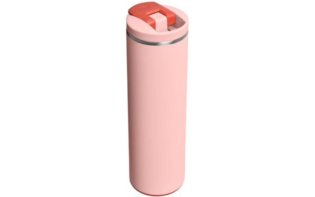 Rosa zylindrischer Becher mit rosa Deckel, silbernem Metallring und Klappverschluss