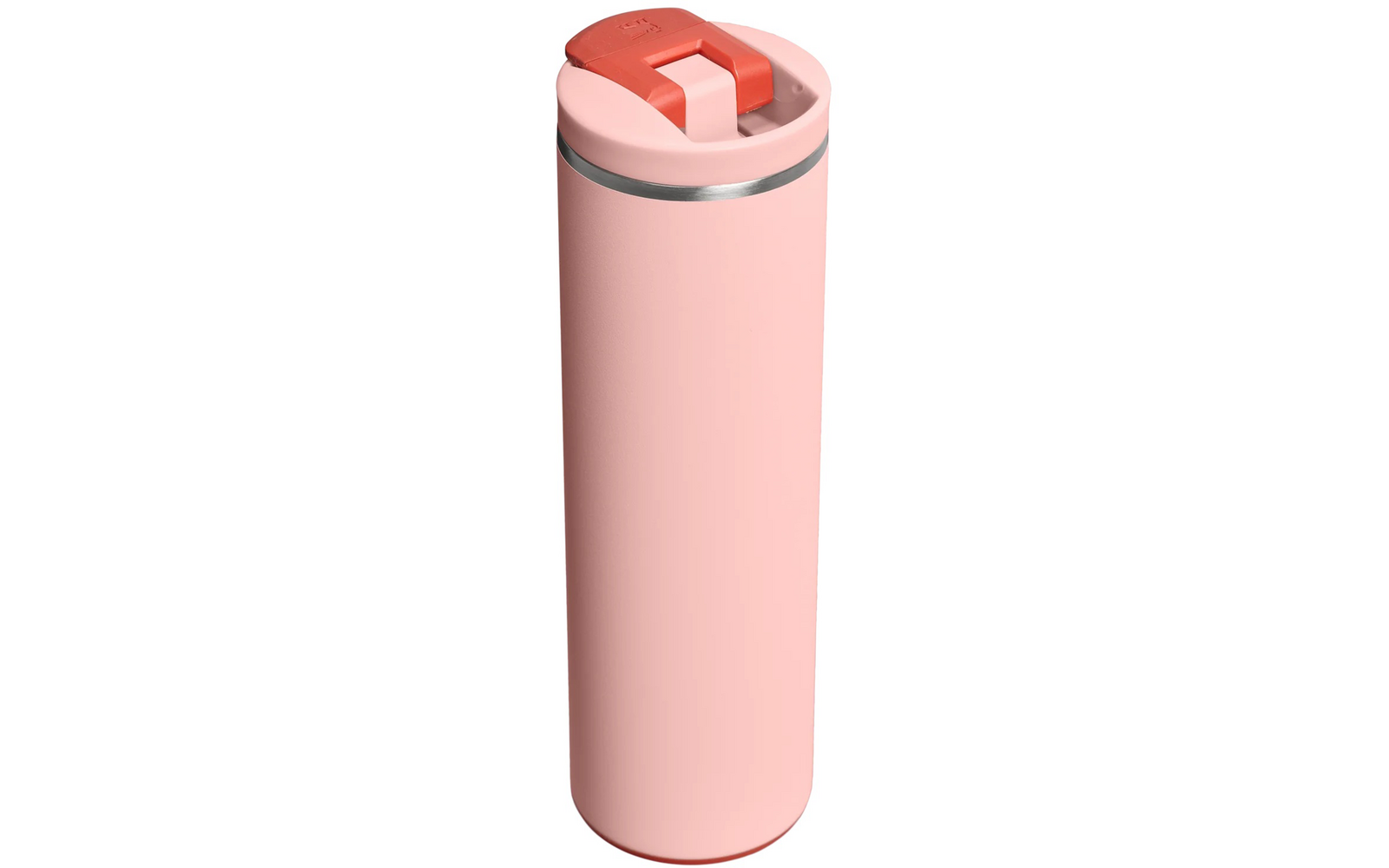 Rosa zylindrischer Becher mit rosa Deckel, silbernem Metallring und Klappverschluss