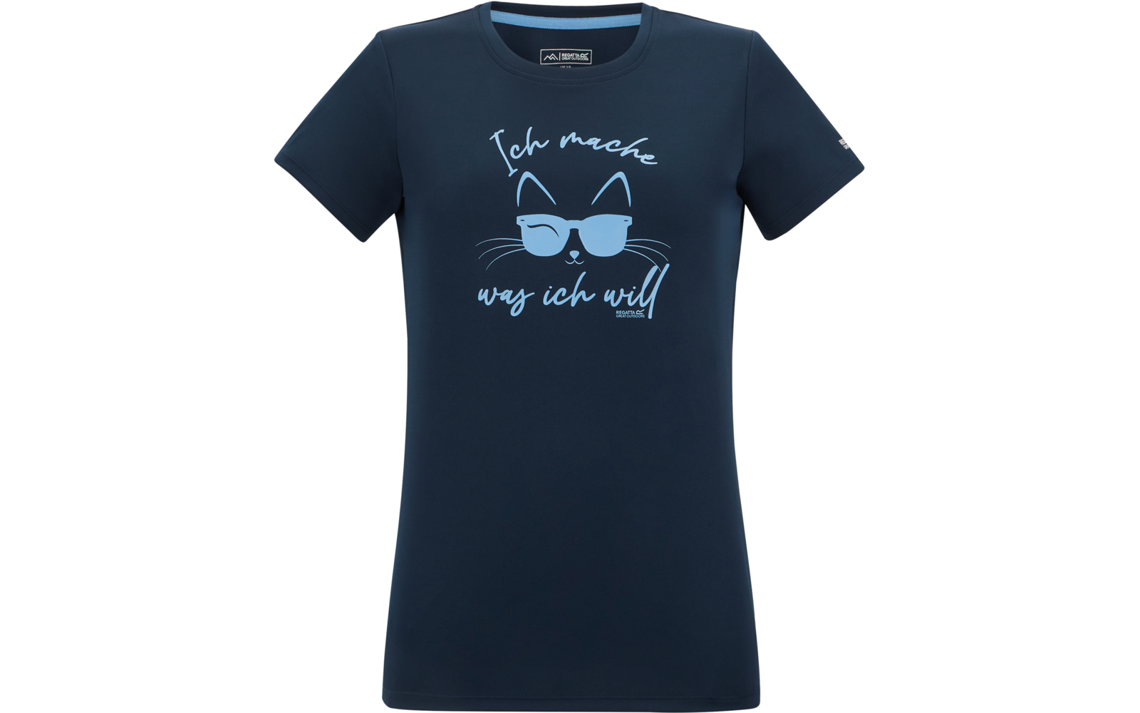 T-shirt bleu marine avec impression bleu clair d'un chat portant des lunettes de soleil et le texte «Ich mache was ich will»