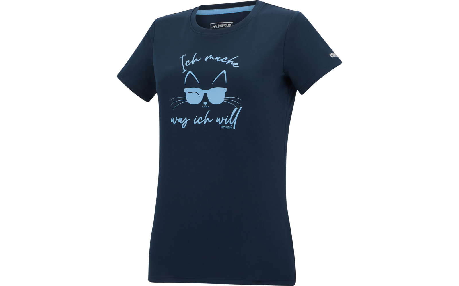 T-shirt femme bleu marine à manches courtes avec motif chat bleu clair et inscription 'Ich mache was ich will', sur fond blanc