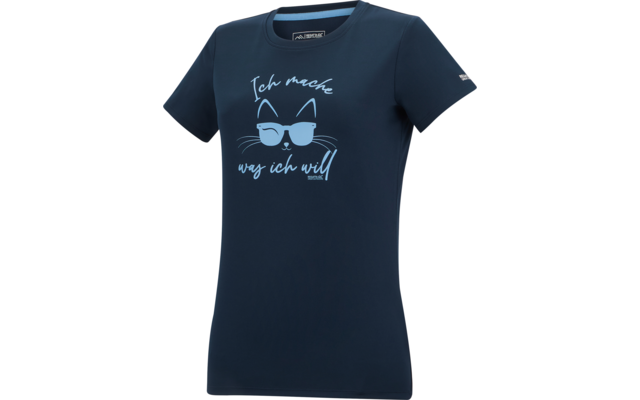 T-shirt femme bleu marine à manches courtes avec motif chat bleu clair et inscription 'Ich mache was ich will', sur fond blanc