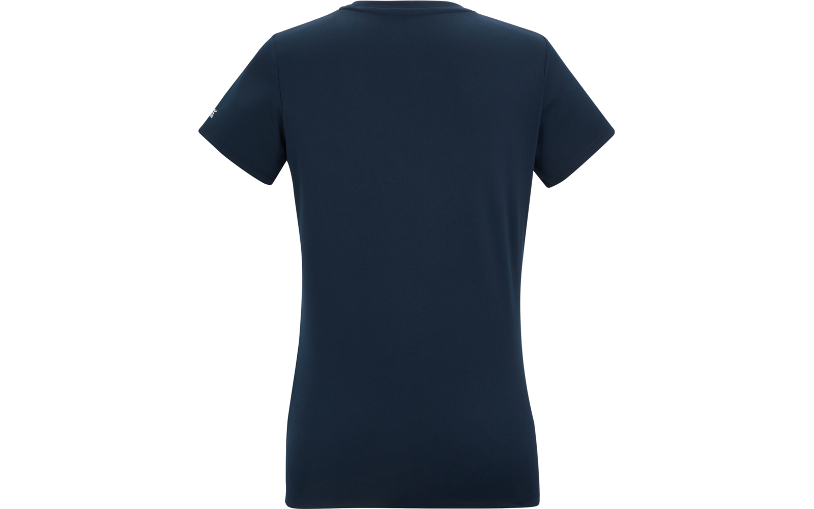 T-shirt à manches courtes bleu marine, vue de dos, petit logo blanc sur la manche gauche