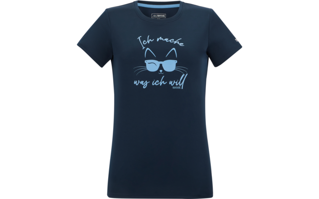 T-shirt bleu marine avec impression bleu clair d'un chat portant des lunettes de soleil et le texte «Ich mache was ich will»