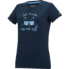 T-shirt femme bleu marine à manches courtes avec motif chat bleu clair et inscription 'Ich mache was ich will', sur fond blanc