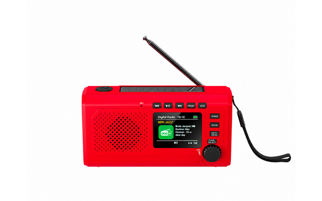 Rotes tragbares Radio mit ausgefahrener Teleskopantenne, Lautsprechergitter links, kleines Farbdisplay mit Text, Bedienknöpfe und runder Abstimmknopf rechts, schwarze Trageschlaufe