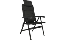 Schwarzer gepolsterter Stuhl mit hoher Rückenlehne, Kopfstütze, Armlehnen und schwarzem Metallgestell