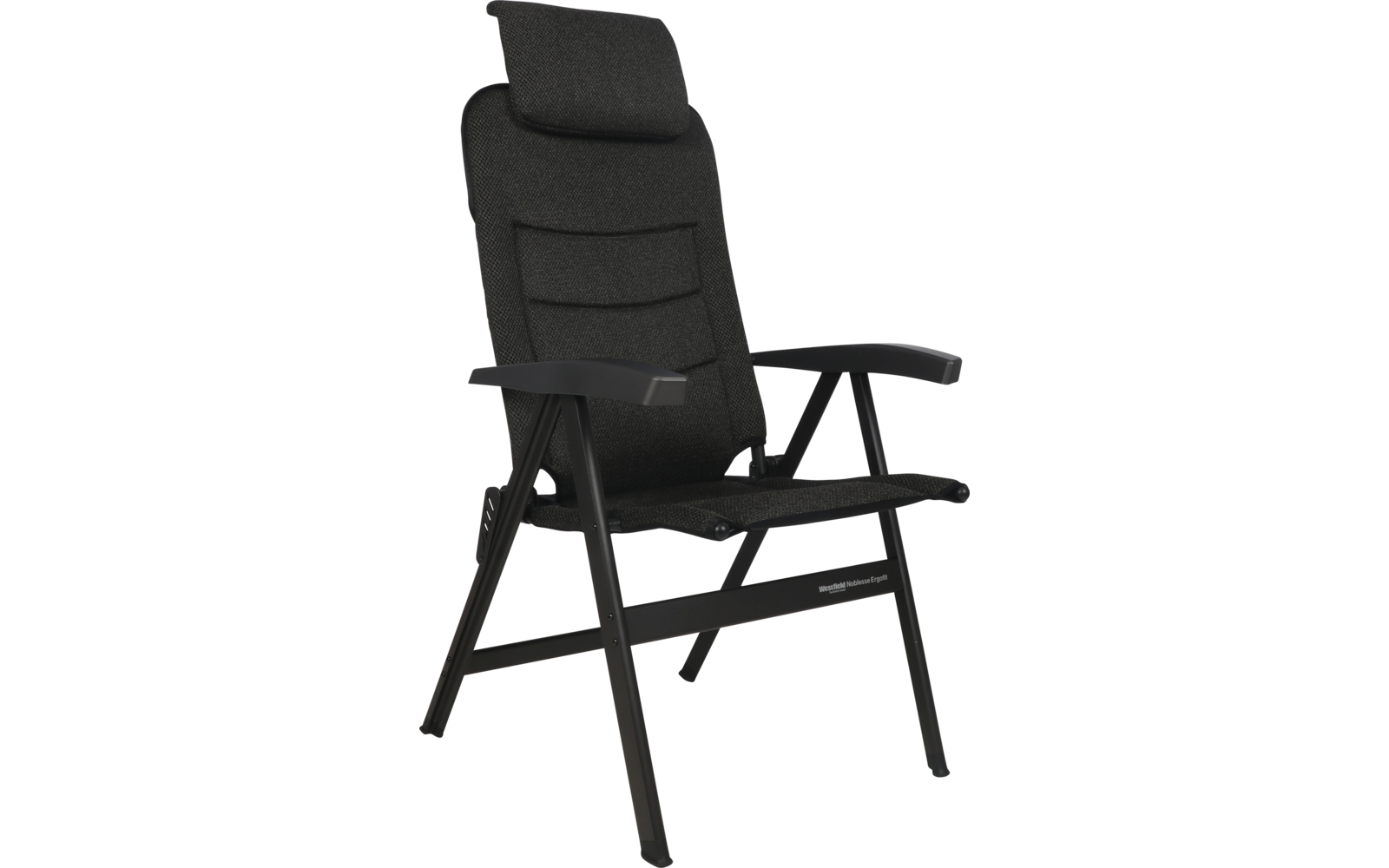 Schwarzer gepolsterter Stuhl mit hoher Rückenlehne, Kopfstütze, Armlehnen und schwarzem Metallgestell