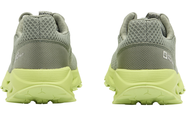 Rückansicht eines grauen Laufschuhs mit gelber Sohle