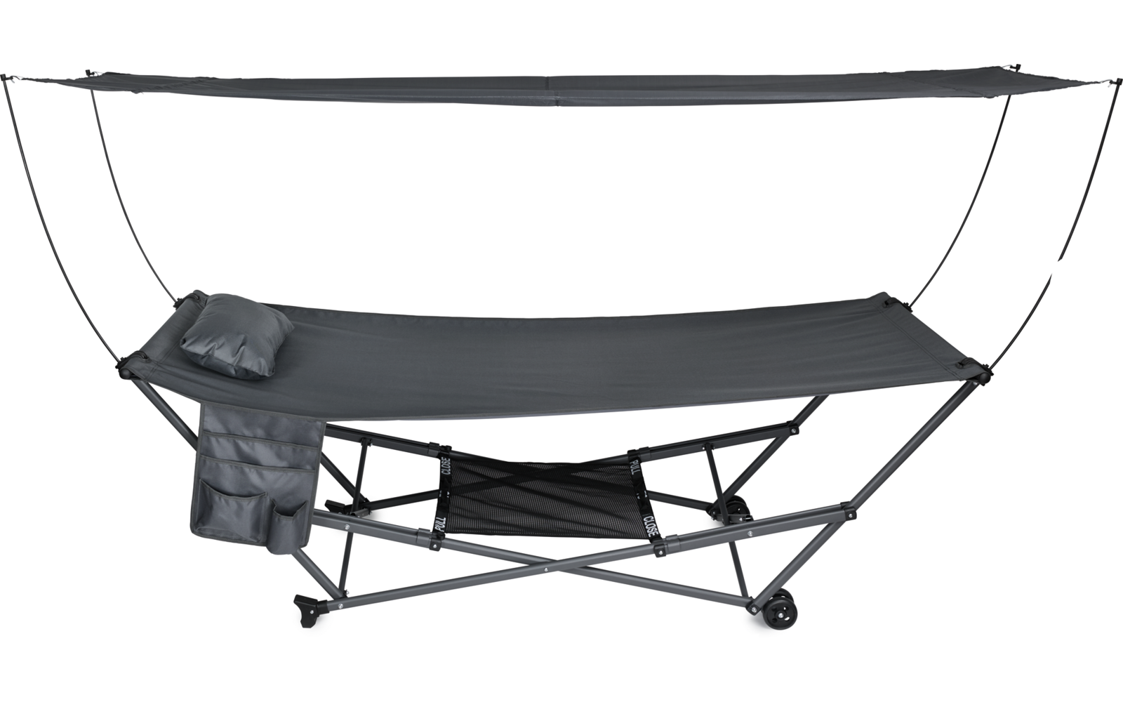 Eine schwarze Haifischflosse auf einem Ständer vor einem weißen Hintergrund