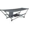 Klappbare Feldliege mit grauem Bezug und schwarzem Gestell