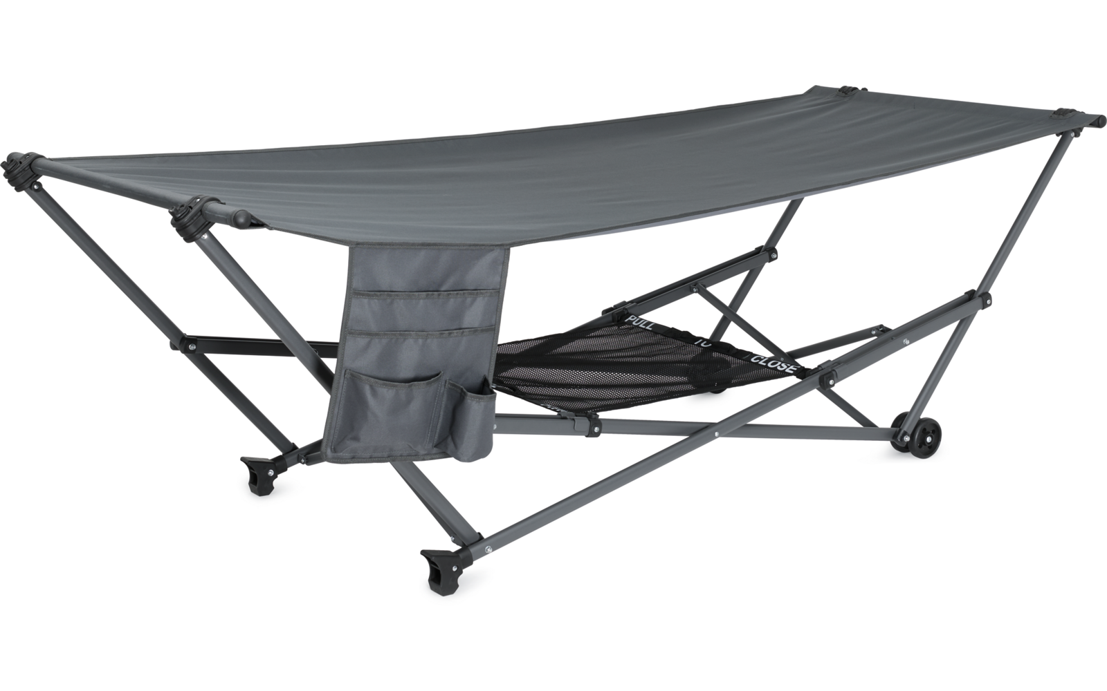 Klappbare Feldliege mit grauem Bezug und schwarzem Gestell