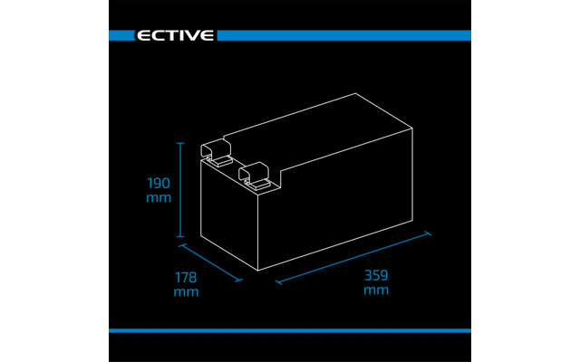 Dessin technique d'un bloc-batterie rectangulaire avec dimensions et détails des connexions