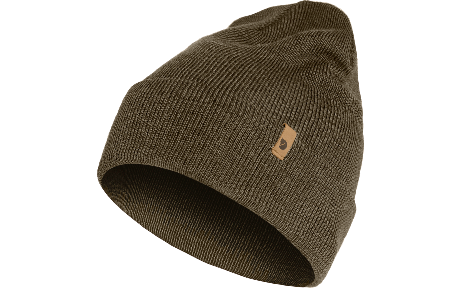 Braune Strickmütze mit kleinem Logo auf der Seite