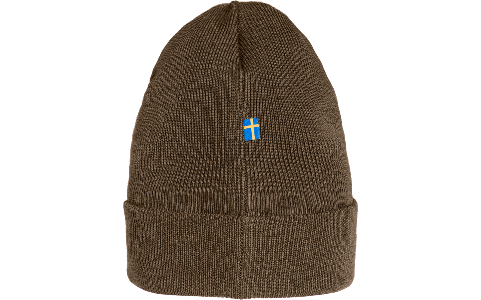 Braune Strickmütze mit kleinem blauen und weißen Kreuzsymbol