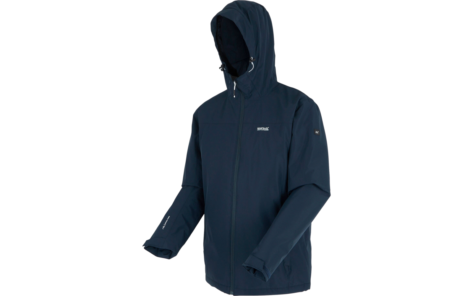 Dunkelblaue Regenjacke mit Kapuze, frontale Ansicht