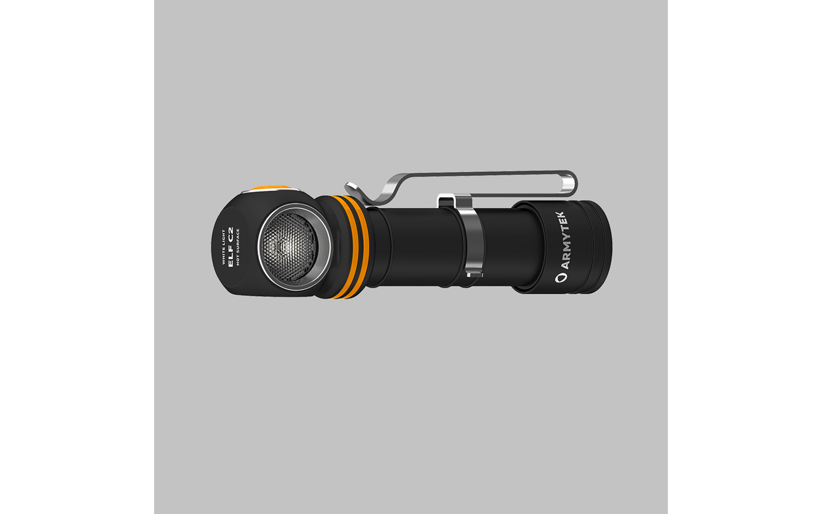 Schwarze Taschenlampe mit orangefarbenen Akzenten auf grauem Hintergrund