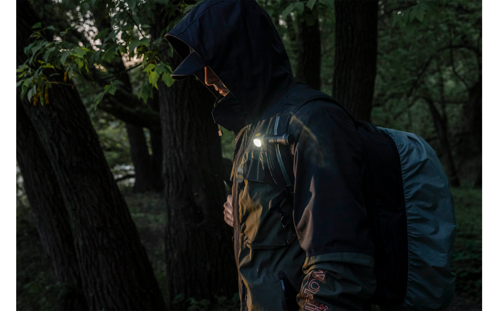 Person mit Kapuzenjacke und Rucksack im Wald bei schwachem Licht