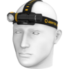 Weißer Helm mit montierter Stirnlampe auf einem Kopfmodell