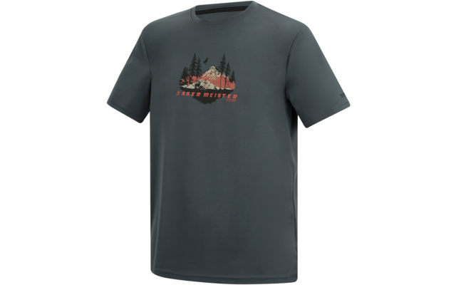 Dunkelgraues kurzärmeliges T‑Shirt mit rundem Halsausschnitt und Frontmotiv: stilisierte Berge, Tannen, rote Sonne und Schriftzug JÄGER MEISTER