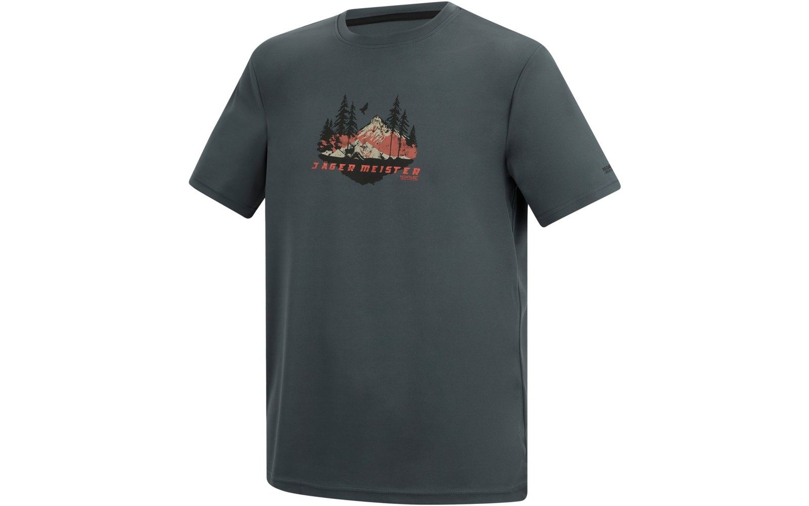 Dunkelgraues kurzärmeliges T‑Shirt mit rundem Halsausschnitt und Frontmotiv: stilisierte Berge, Tannen, rote Sonne und Schriftzug JÄGER MEISTER