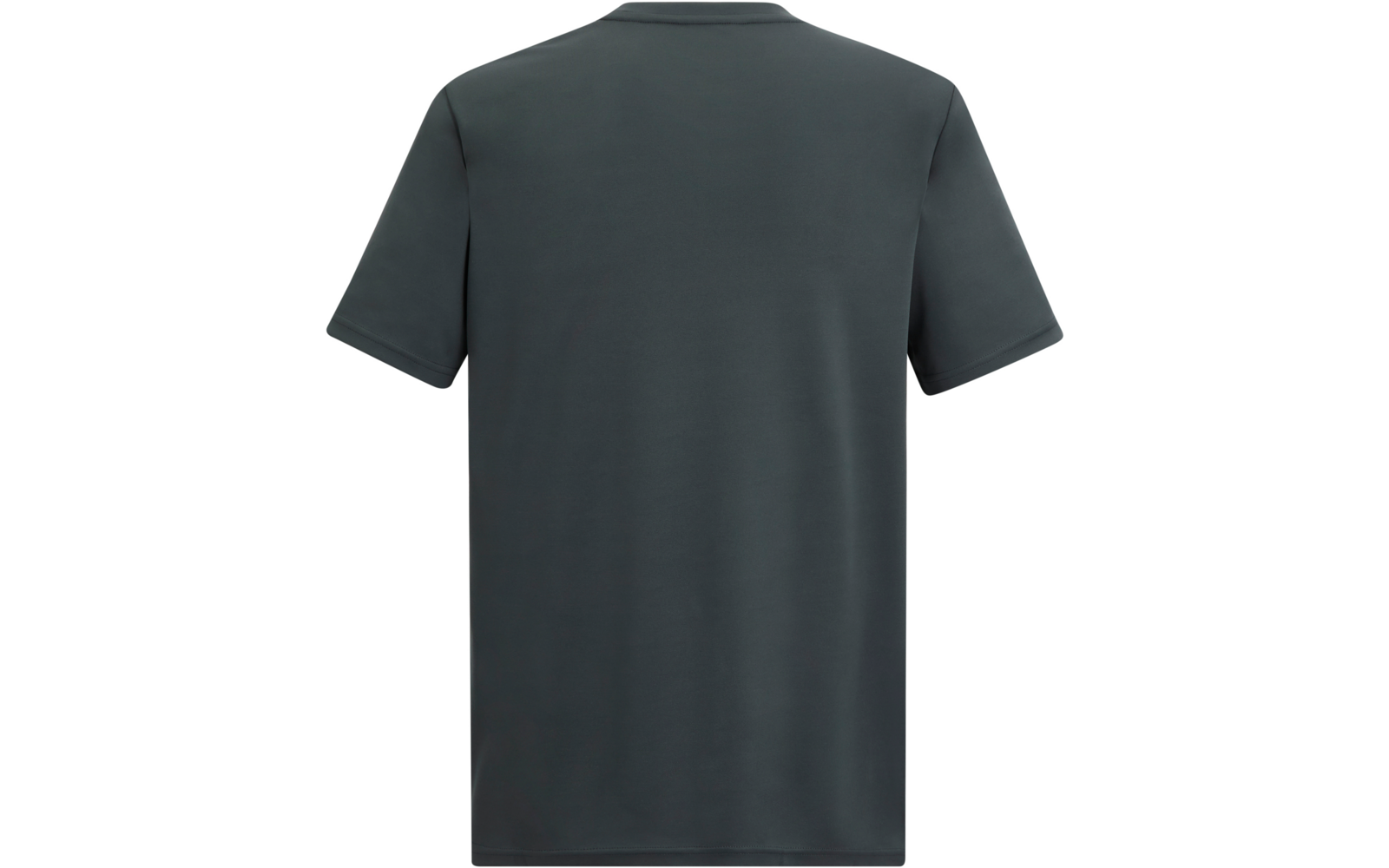 Rückansicht eines dunkelgrauen T‑Shirts mit kurzen Ärmeln auf weißem Hintergrund