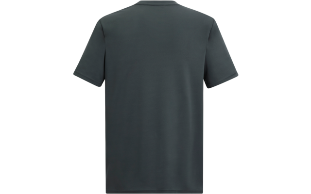 Rückansicht eines dunkelgrauen T‑Shirts mit kurzen Ärmeln auf weißem Hintergrund