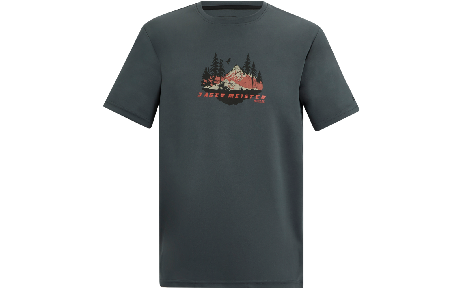 Dunkelgraues T‑Shirt mit mittigem Brustdruck: stilisierte Berge, Tannen, orangefarbener Kreis hinter den Bergen und Schriftzug 'JAGERMEISTER'