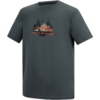 Dunkelgraues kurzärmeliges T‑Shirt mit rundem Halsausschnitt und Frontmotiv: stilisierte Berge, Tannen, rote Sonne und Schriftzug JÄGER MEISTER