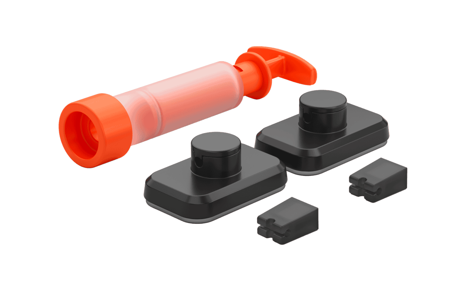 Orange transparent cylindrical object with a lever, two black rectangular bases with round knobs and two small black rectangular inserts on a white background