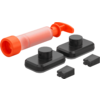 Orange transparent cylindrical object with a lever, two black rectangular bases with round knobs and two small black rectangular inserts on a white background