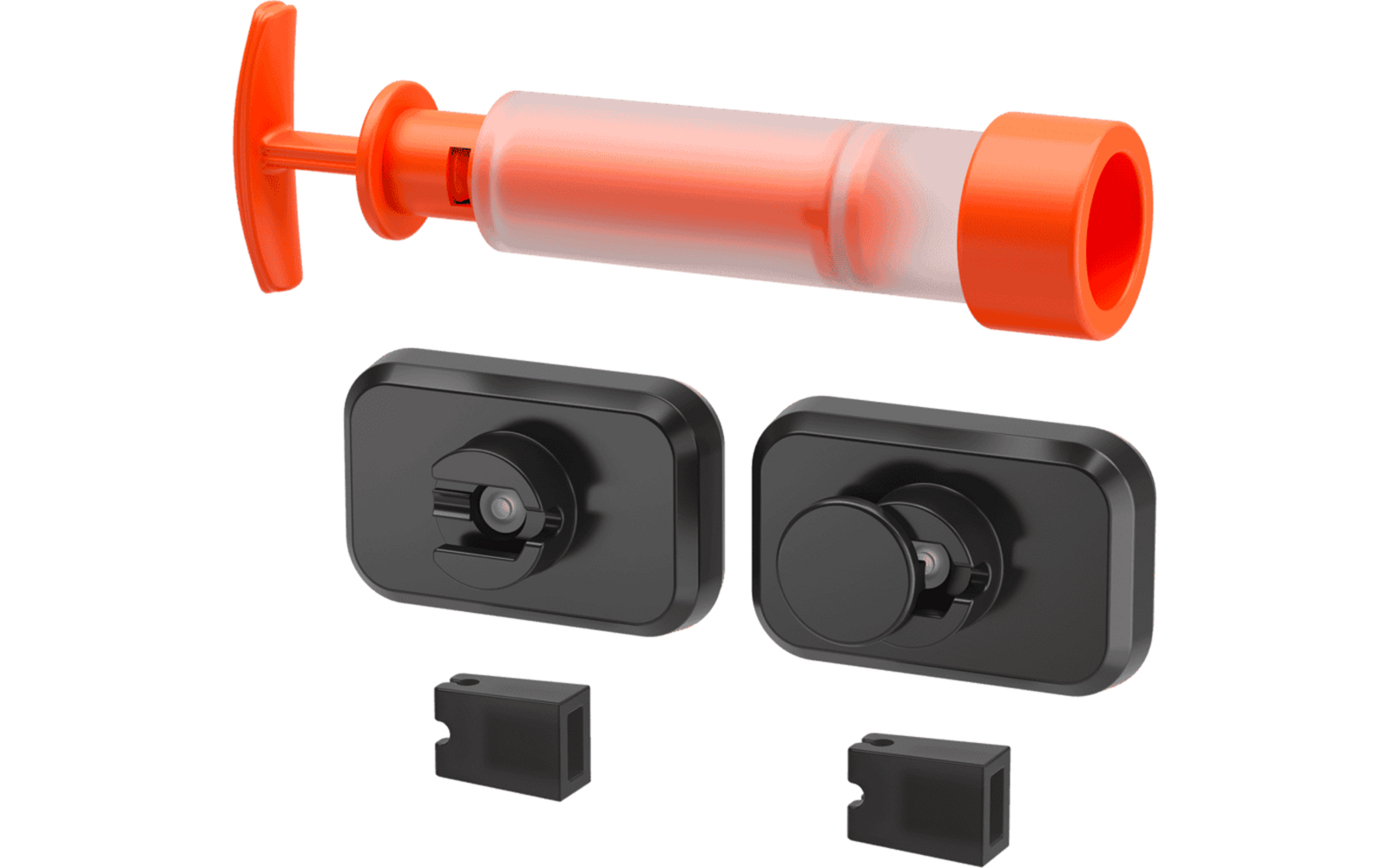 Orange plastic hand pump with T-shaped handle and transparent cylinder, two black rounded rectangular modules each with a circular protrusion, and two small black rectangular adapters with notches