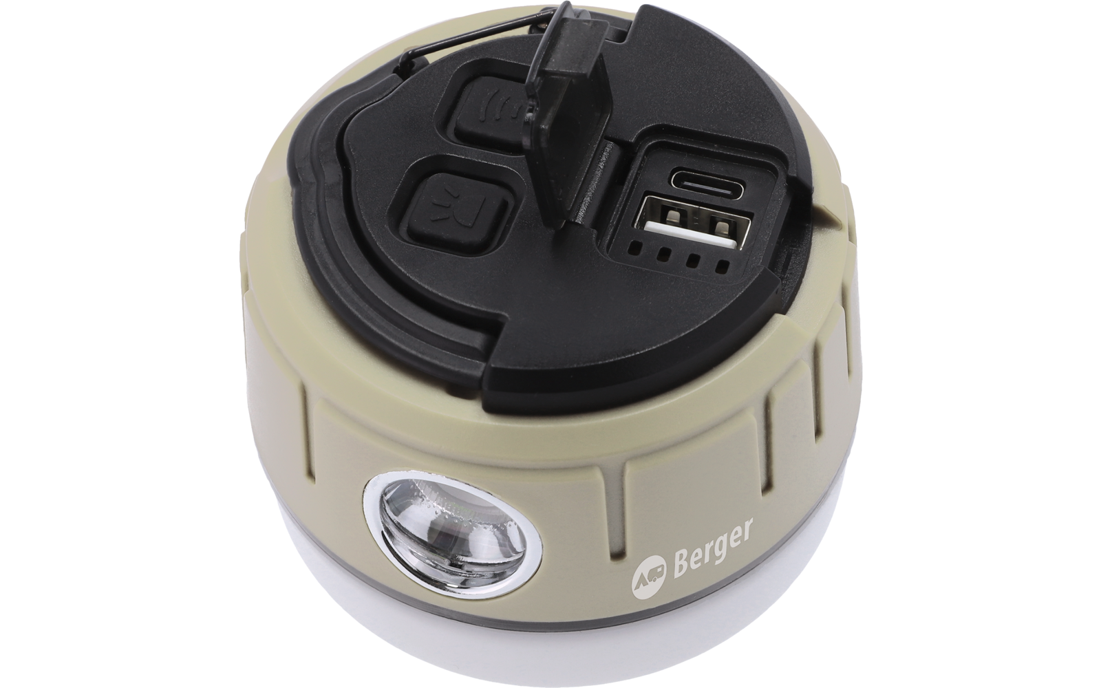 Rundes Gehäuse in Beige mit seitlicher LED-Linse. Auf der schwarzen Oberseite ist eine aufgeklappte Klappe; darunter zwei USB-Anschlüsse und zwei quadratische Tasten. Seitlich steht der Schriftzug 'Berger'