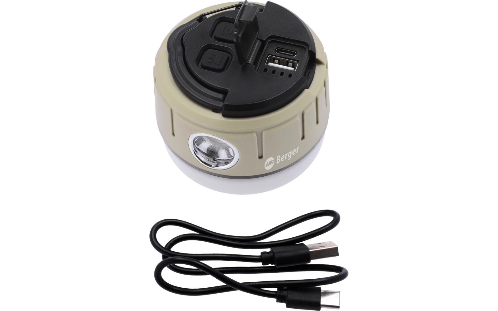 Rundes beige-graues Gerät mit schwarzer Oberseite, zwei Tasten, zwei USB-Anschlüssen, weißem Leuchtring unten und Schriftzug "Berger"; darunter zwei schwarze USB-Kabel, eines mit USB-A- und eines mit USB-C-Stecker