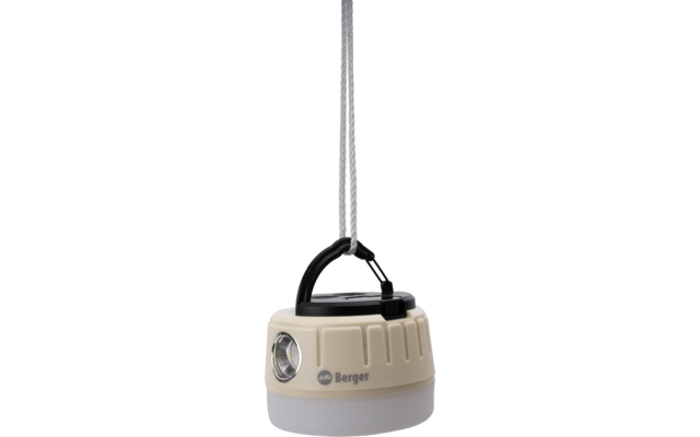 Beige runde Lampe mit schwarzem Griff, seitlicher LED-Linse, Aufhängeschlaufe und Aufschrift 'Berger'