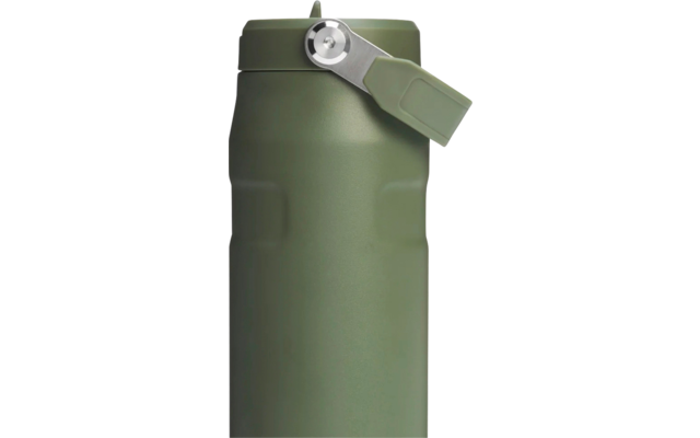 grüne, zylindrische Metallflasche mit Klappdeckel, Scharnier und 'STANLEY'-Logo