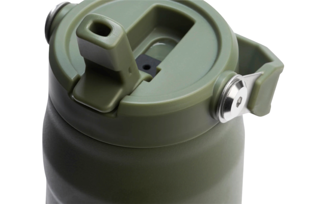 Nahaufnahme eines olivgrünen Deckels mit Klappausguss und Metallverschluss an einem zylindrischen Behälter