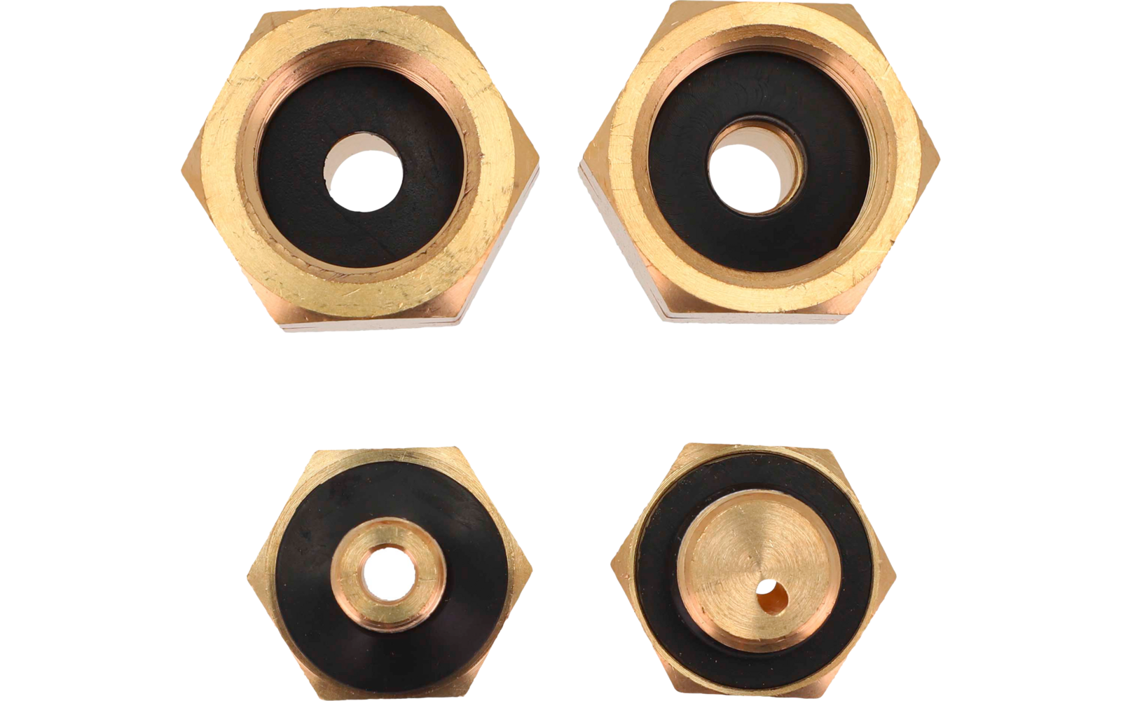 Four hexagonal gold-colored metal pieces with black inserts and central holes; two larger at top, two smaller at bottom