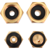 Four hexagonal gold-colored metal pieces with black inserts and central holes; two larger at top, two smaller at bottom