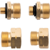 Quattro componenti metallici color oro con filettatura su sfondo bianco; due più piccole in alto con guarnizioni nere, due più grandi in basso con numeri incisi '2' e '4' e '12/25'