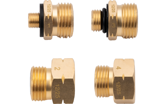 Quattro componenti metallici color oro con filettatura su sfondo bianco; due più piccole in alto con guarnizioni nere, due più grandi in basso con numeri incisi '2' e '4' e '12/25'