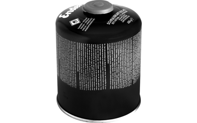 Contenant cylindrique noir avec valve sur le dessus, texte blanc en petits caractères autour des côtés et bord argenté à la base