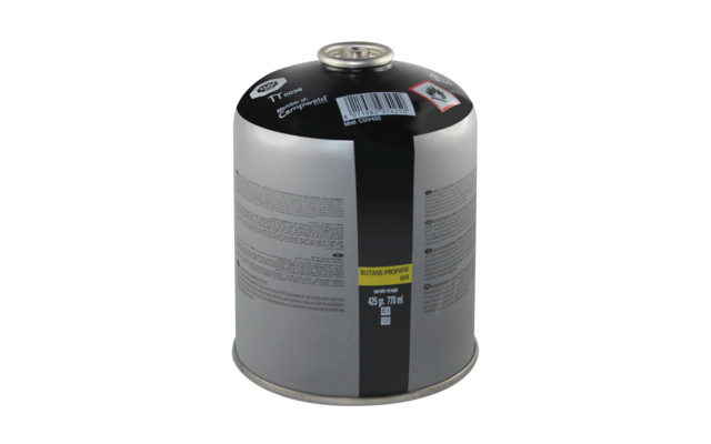 Petite cartouche de gaz cylindrique en argent avec sommet noir, code-barres, pictogramme de danger et étiquette 'BUTANE-PROPANE' indiquant '425 g / 770 ml'